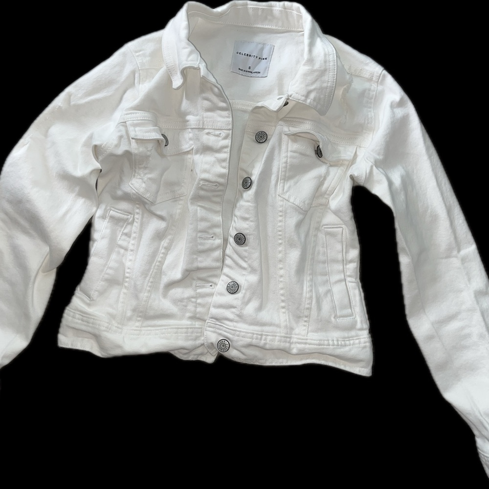 CELEBRITY PINK WOMENS DENIM JACKET WHITE W/DISTRESSED POCKETS SIZE Small